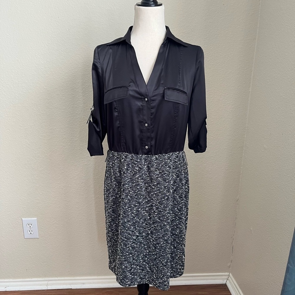 White House Black Market Satin & Tweed Dress with 3/4 Length Sleeves Size 8
